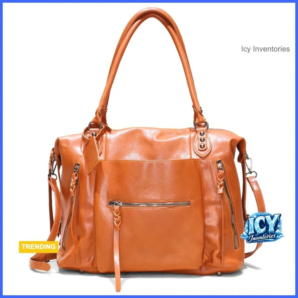 Large Vegan Leather Tote Bag with Zipper and Adjustable Strap